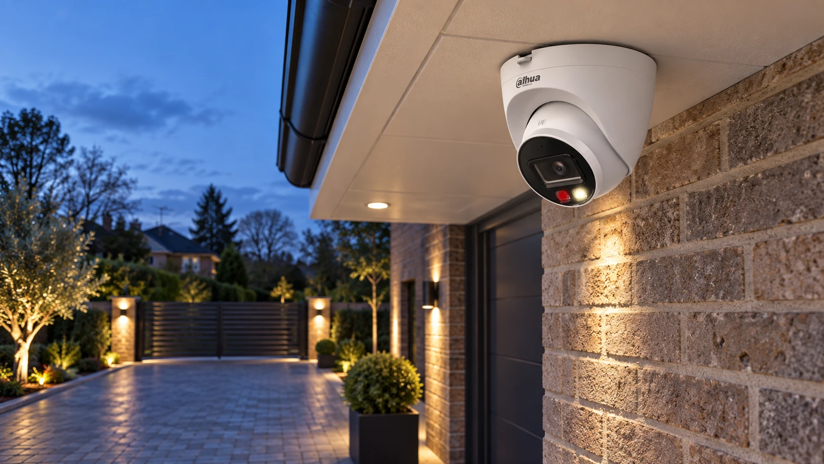 Installation concept showing a Dahua turret camera mounted beneath an eave overlooking a driveway