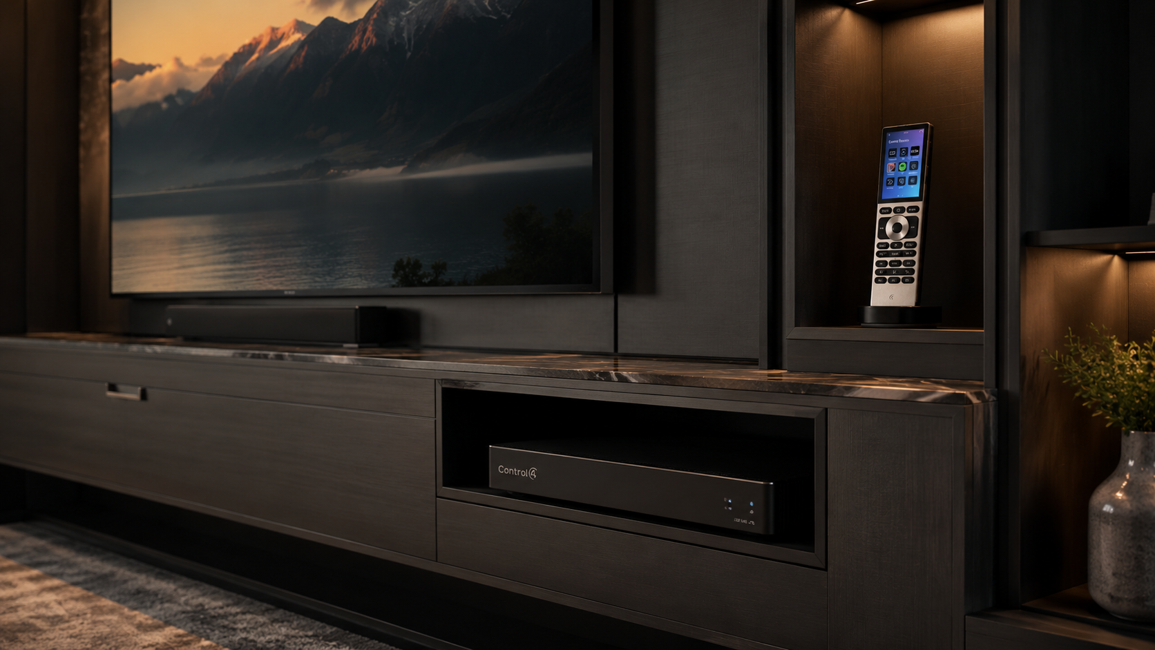Control4 media wall with Halo remote display and Core controller