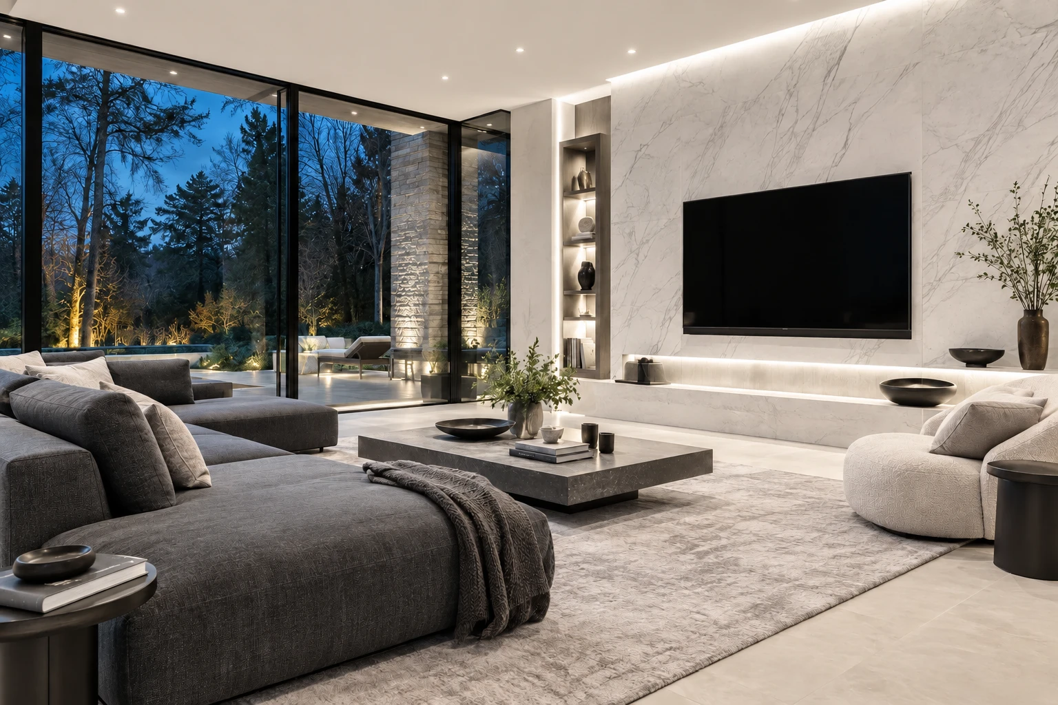 Bright Riccolo-controlled living room with fresh, cool-white recessed lighting and an integrated television
